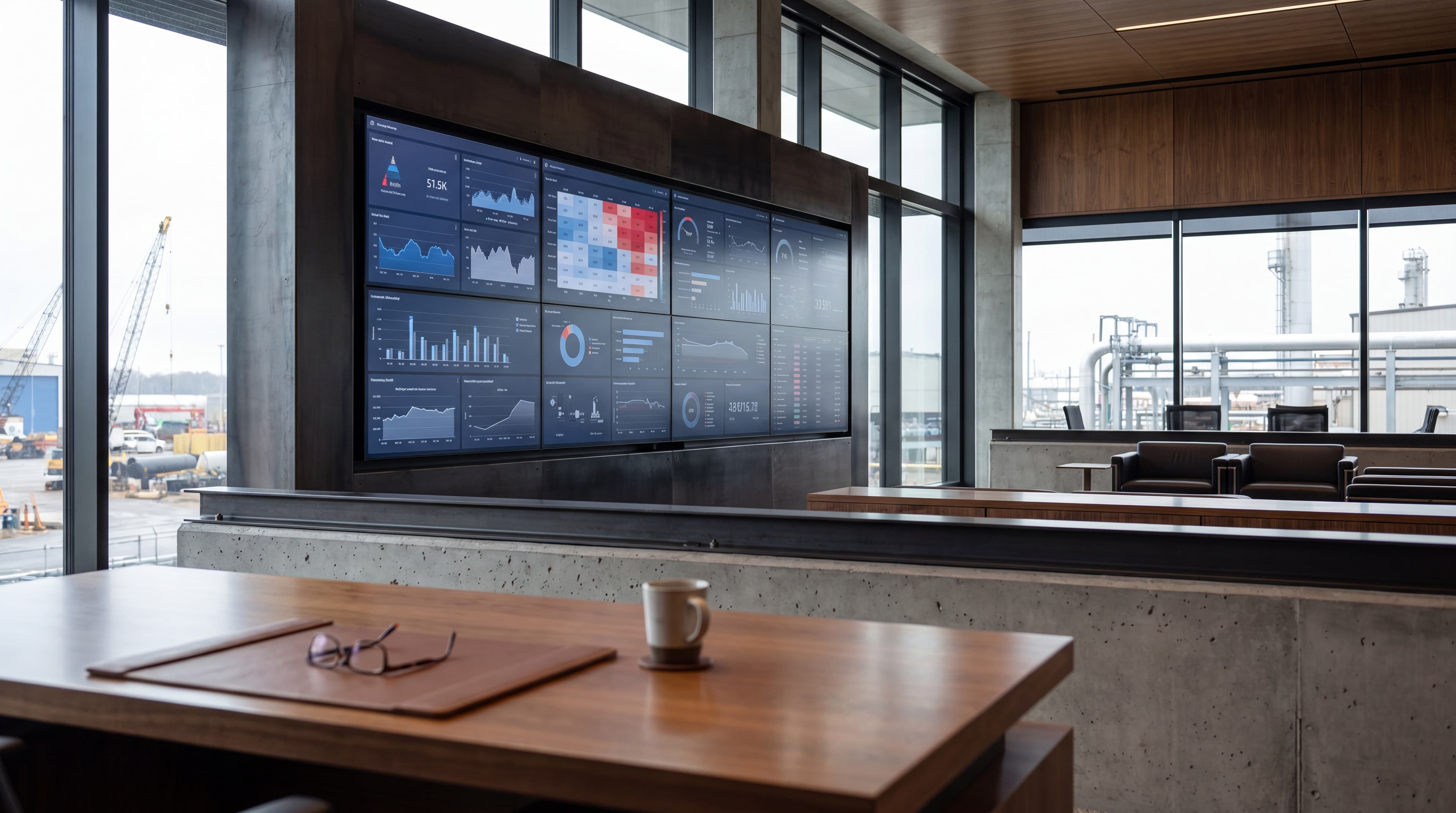 A contemporary industrial operations centre, with real-time analytics dashboards across multiple displays and a single operator at work.