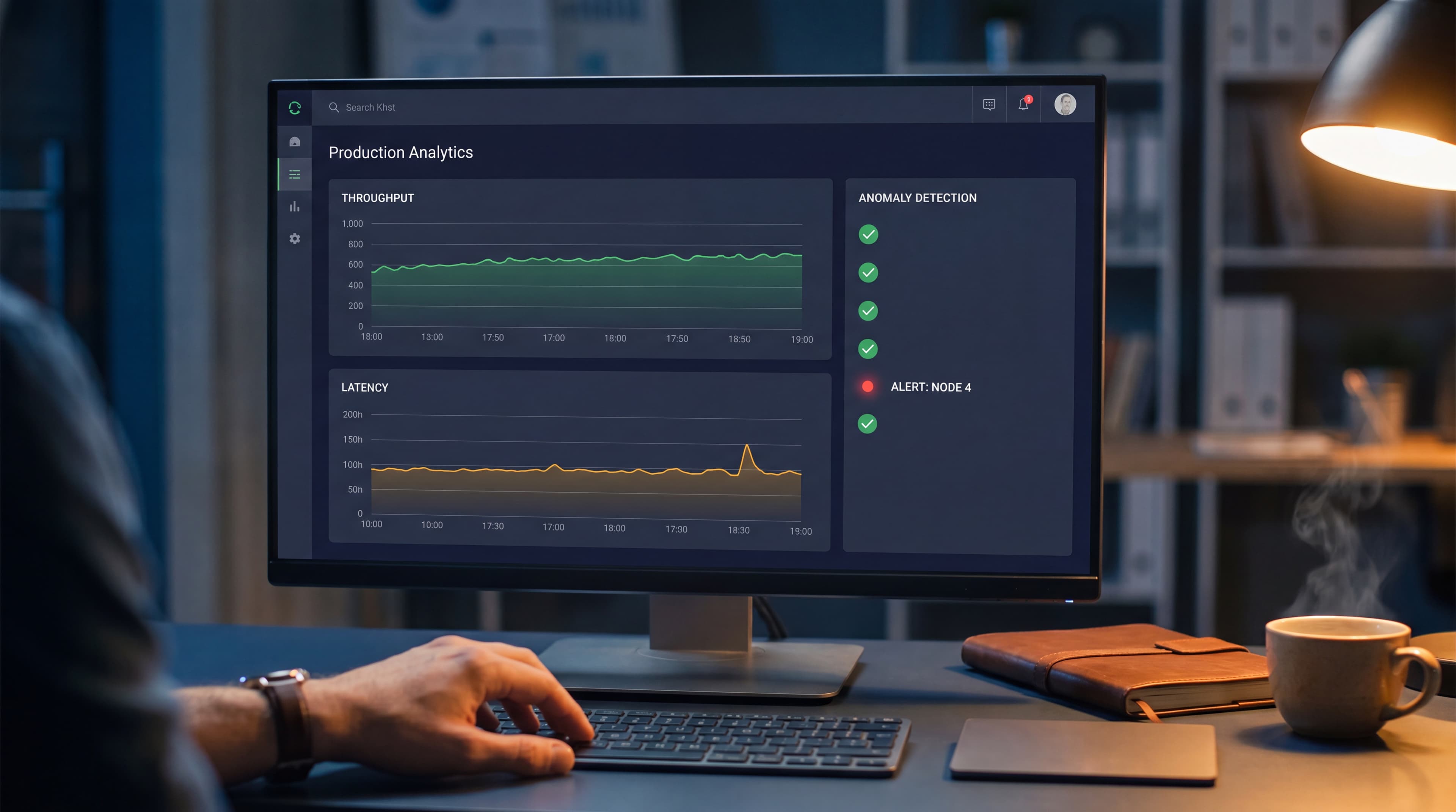 A live production monitoring display showing healthy real-time analytics — system in operation.